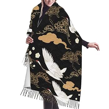 【極美品】WAKO マフラー 140×29 赤茶 総柄 シルク カシミヤ Amazon | [arkax] フリンジスカーフ 日本 和風 絵画 鶴 ツル